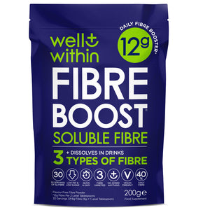 WELL WITHIN DIETARY FIBRE SUPPLEMENT - YOUR DAILY FIBRE INTAKE 12G BOOST - SOLUBLE FIBRE 3 IN 1 BLEND FOR YOUR GUT HEALTH & MICROBIOME 200G PACK - 30 SERVINGS